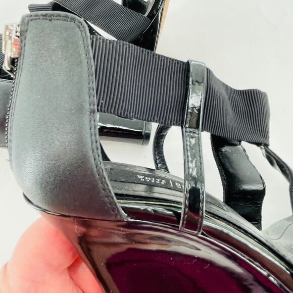 WHBM Black Leather Strappy Career Chic Zip Back Elastic Ankle Wedge Heel 9.5 - Picture 8 of 10